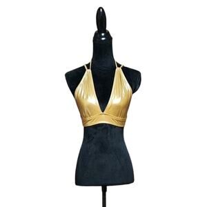 Guess Metallic Gold Strappy Triangle Halter Sexy Bikini Swimsuit Top Size Medium